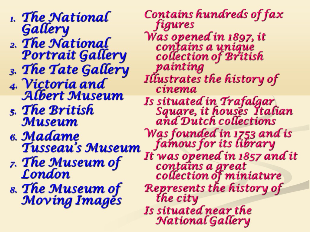 The National Gallery The National Portrait Gallery The Tate Gallery Victoria and Albert Museum